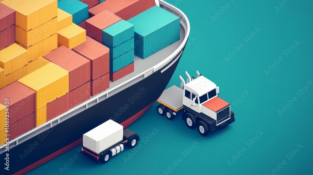 Fototapeta premium Port logistics center with cargo ship and trucks, efficient multimodal hub