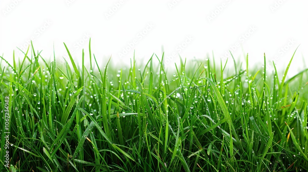 Green grassland, isolated on white, with dew drops on the blades. A fresh and calming nature scene Green grassland, isolated on white, with dew drops on the blades. A fresh and calming nature scene