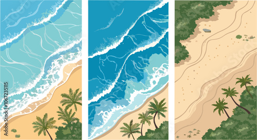 Aerial view of a tropical beach meeting the ocean waves in three vertical illustrations