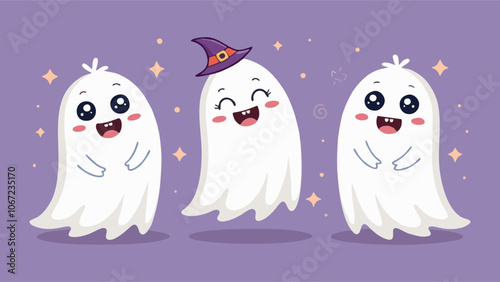 Three cute kawaii ghosts happily floating, one sporting a witch hat for a hint of halloween magic