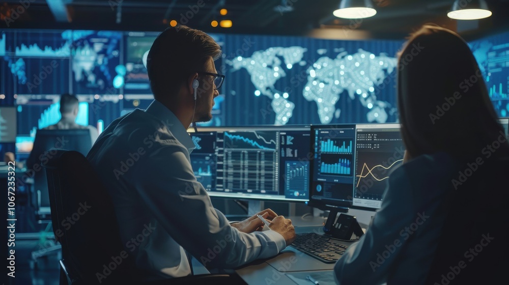 Group of data analysts examining a dataset, with graphs and charts on monitors Group of data analysts examining a dataset, with graphs and charts on monitors