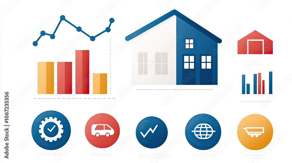 Collection of colorful business icons representing graphs, houses, and vehicles on a white background. Ideal for financial or real estate themes. Collection of colorful business icons representing graphs, houses, and vehicles on a white background. Ideal for financial or real estate themes.