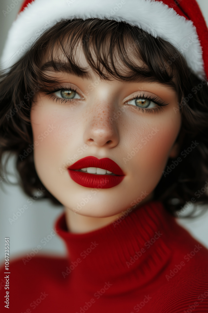Beautiful young woman portrait with Christmas red vibrant festive hat, outfit and lipstick. Beautiful young woman portrait with Christmas red vibrant festive hat, outfit and lipstick.