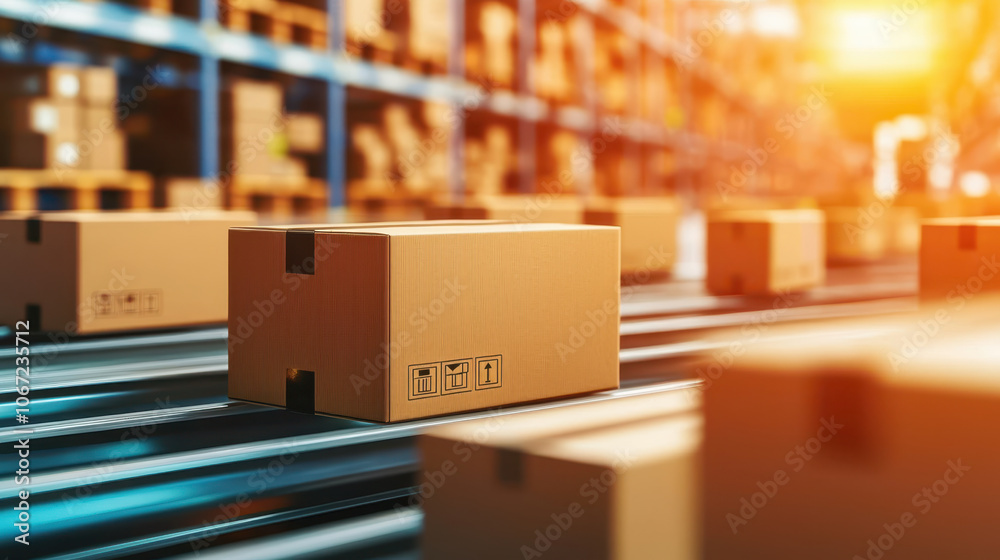 Cardboard boxes on conveyor belt in warehouse, glowing light ambiance Cardboard boxes on conveyor belt in warehouse, glowing light ambiance