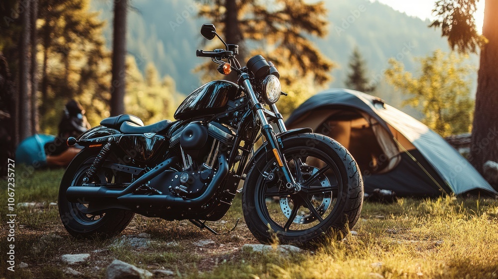 Fototapeta premium Motorcycle Camping - Motorcycle parked near a tent, showcasing a travel-ready campsite with adventure spirit.