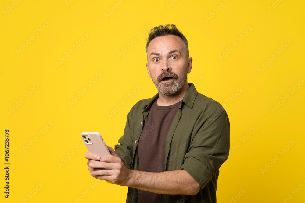 attractive amazed cheery man using digital cell smartphone in hands demonstrating reading news or sms reaction influencer post review isolated over yellow background attractive amazed cheery man using digital cell smartphone in hands demonstrating reading news or sms reaction influencer post review isolated over yellow background