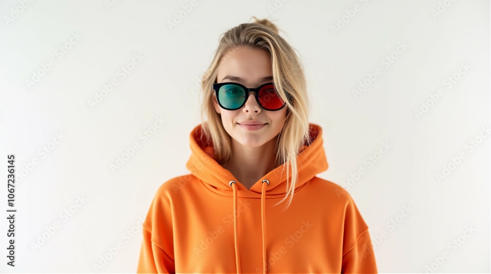 A Smiling Model in an Orange Hoodie With Unique Sunglasses.