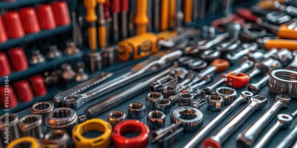 Close-up of automotive repair tools such as sockets, ratchets, and screwdrivers. Close-up of automotive repair tools such as sockets, ratchets, and screwdrivers.