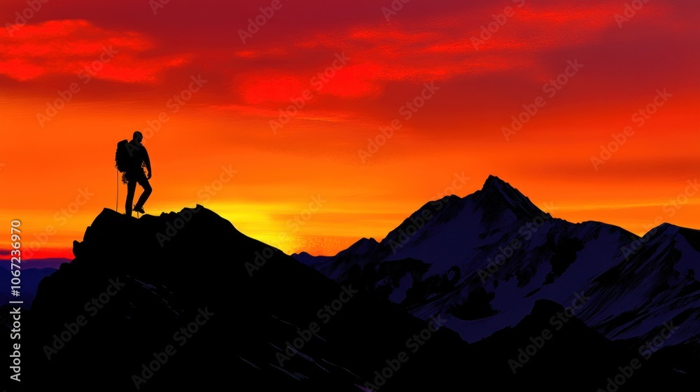 Mountain Silhouette Sunset - Bold silhouette of climber against bright sunset, rugged and inspiring. Mountain Silhouette Sunset - Bold silhouette of climber against bright sunset, rugged and inspiring.