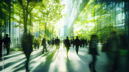Sustainability in business center concept, business people crowd walking at corporate office in green city downtown, Abstract motion blur image, blurred background, Generative AI