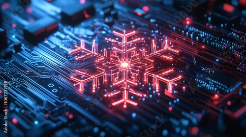 A glowing snowflake pattern overlays a dark circuit board, blending technology with festive themes in a captivating digital display. photo