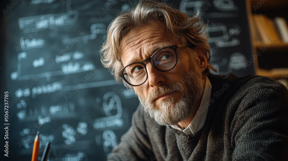 A thoughtful man with glasses and a beard sits in front of a chalkboard filled with equations, reflecting a scholarly atmosphere. A thoughtful man with glasses and a beard sits in front of a chalkboard filled with equations, reflecting a scholarly atmosphere.