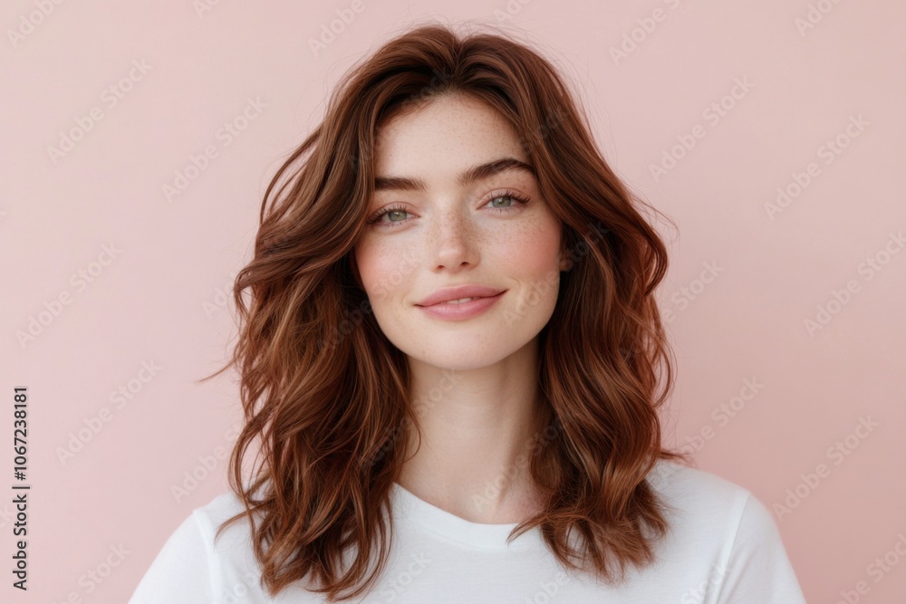 Beautiful Smiling Woman with Brown Wavy Hair in White T-Shirt on Isolated Background Beautiful Smiling Woman with Brown Wavy Hair in White T-Shirt on Isolated Background