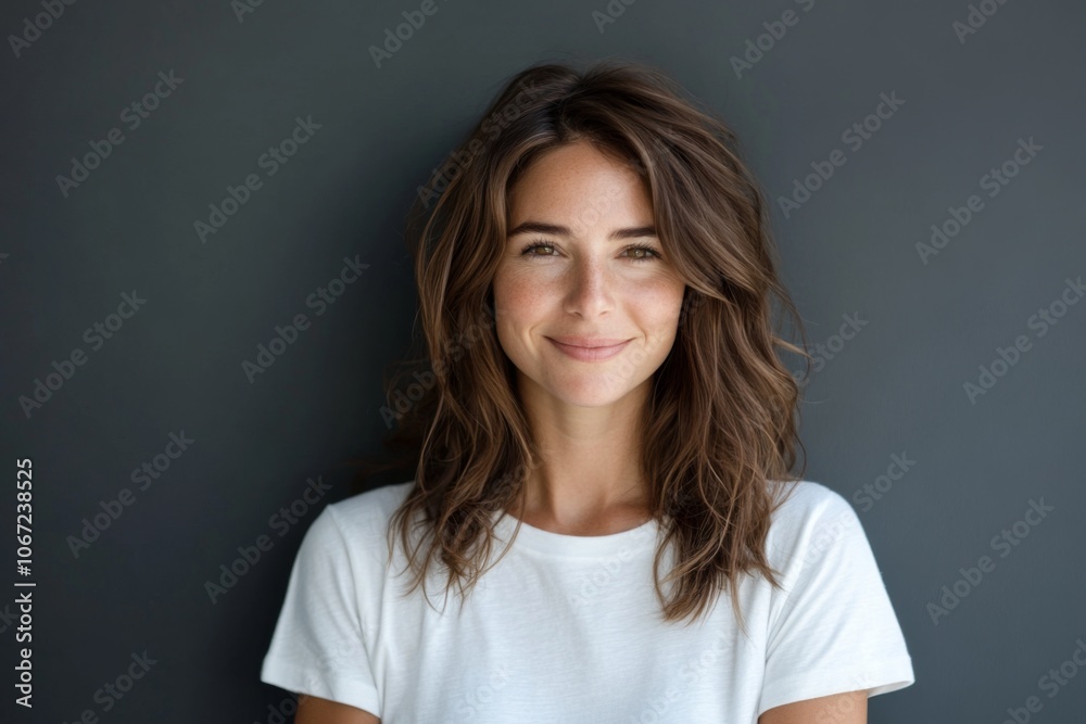 Beautiful Smiling Woman with Brown Wavy Hair in White T-Shirt on Isolated Background Beautiful Smiling Woman with Brown Wavy Hair in White T-Shirt on Isolated Background