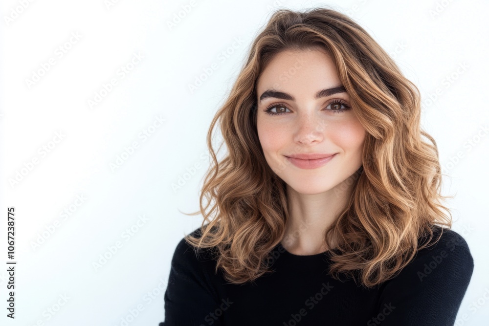 Beautiful Smiling Woman with Wavy Hair on White Background Beautiful Smiling Woman with Wavy Hair on White Background