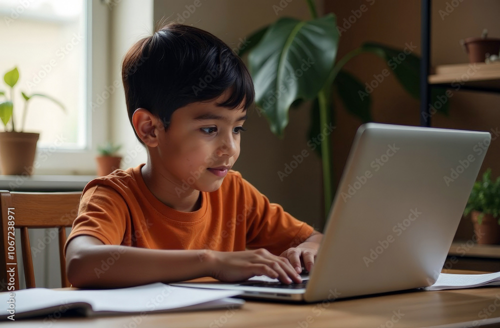 Indian boy is playing computer games on a laptop. An Indian child does his homework at an online school. Distance learning online education. Indian boy is playing computer games on a laptop. An Indian child does his homework at an online school. Distance learning online education.