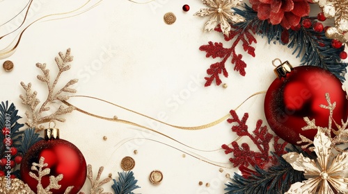 christmas background with balls and ornaments with space. greeting card border