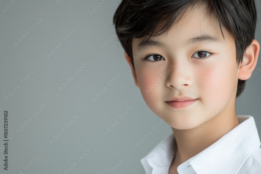Happy Young Asian Boy in White Shirt Looking at Camera Happy Young Asian Boy in White Shirt Looking at Camera