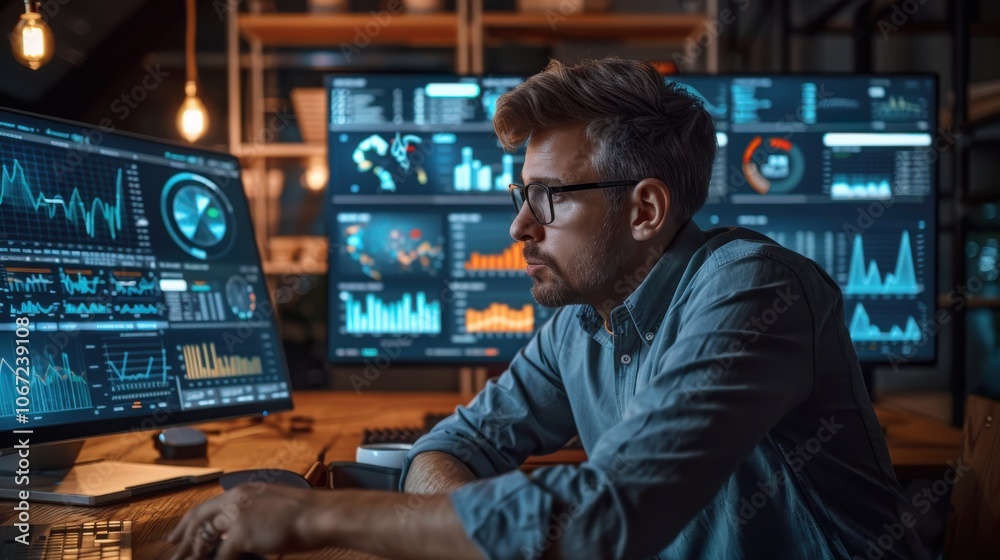 Data scientist using a computer to conduct data mining, with a digital landscape of data points