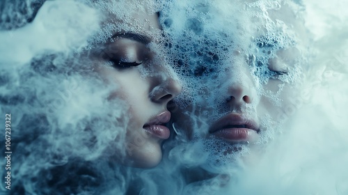 Faces emerge from ethereal mist in dreamlike scene