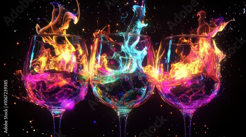 Burning glasses against a pure black background. 