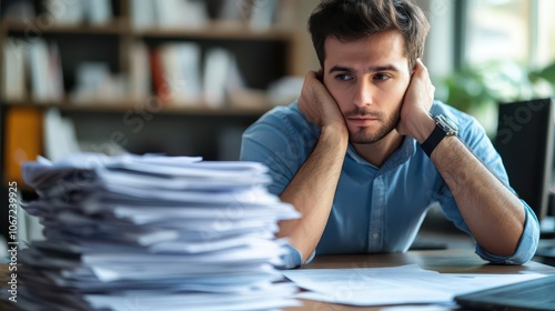 A worker leaning on their hand, staring at a stack of unfinished paperwork photo