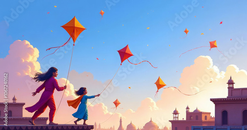 Happy Makar Sankranti. indian children flying kites on the rooftops during the festive of Makar Sankranti.  Hindu harvest festival, celebrated at the winter solstice. Cartoon illustration. photo