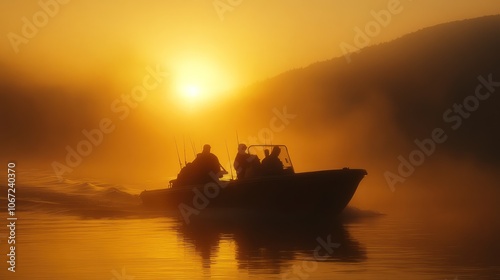 Navy SEALs Fishing Scene - SEALs in a fishing boat at dawn, silhouetted against the golden light of early morning. photo