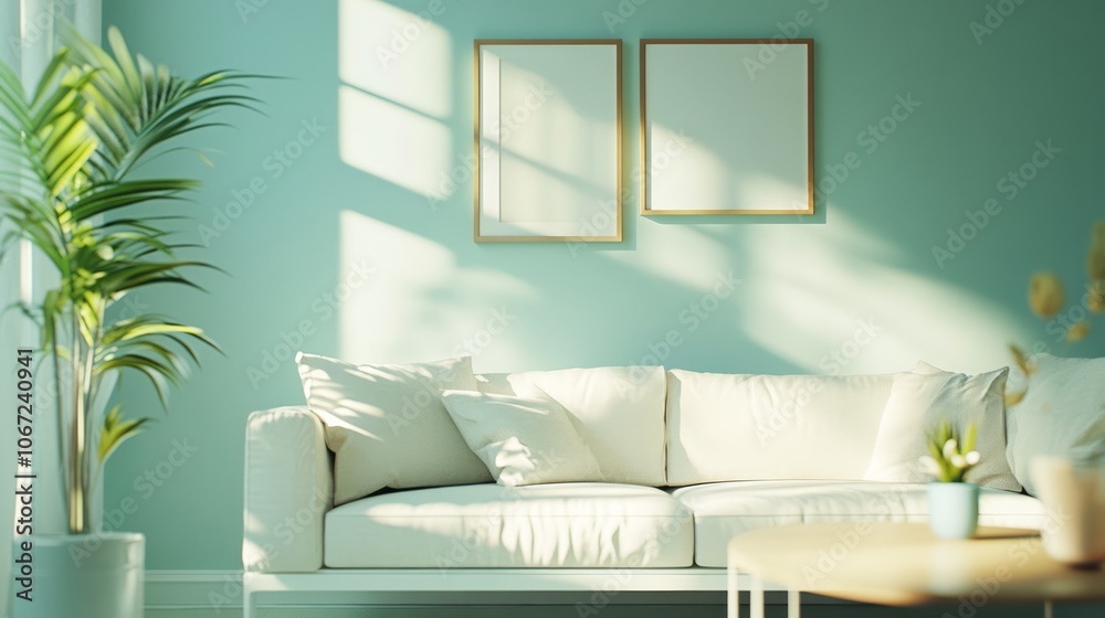 White Sofa in a Minimalist Living Room with Two Empty Picture Frames White Sofa in a Minimalist Living Room with Two Empty Picture Frames