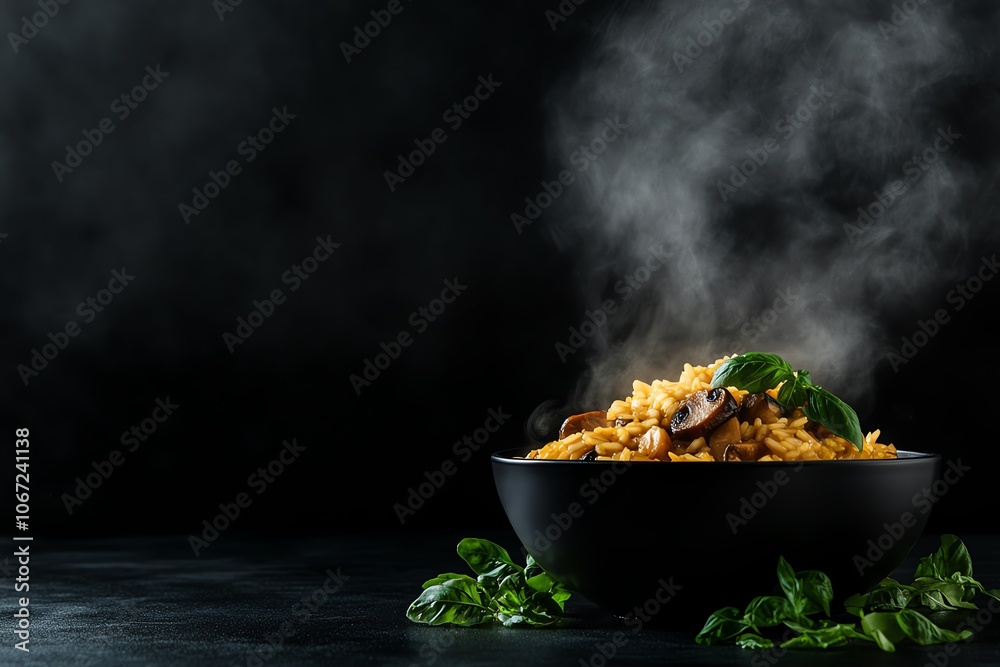 Mushroom risotto in a deep bowl, highend dining, artistic plating, rich textures Mushroom risotto in a deep bowl, highend dining, artistic plating, rich textures