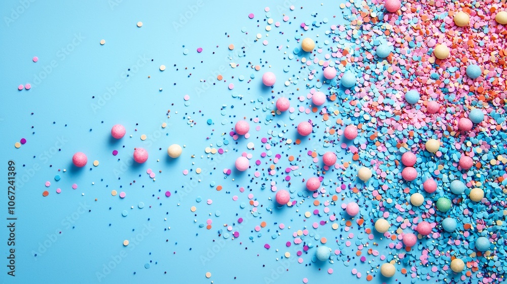 Colorful confetti and candy arrangement on pastel blue background Colorful confetti and candy arrangement on pastel blue background