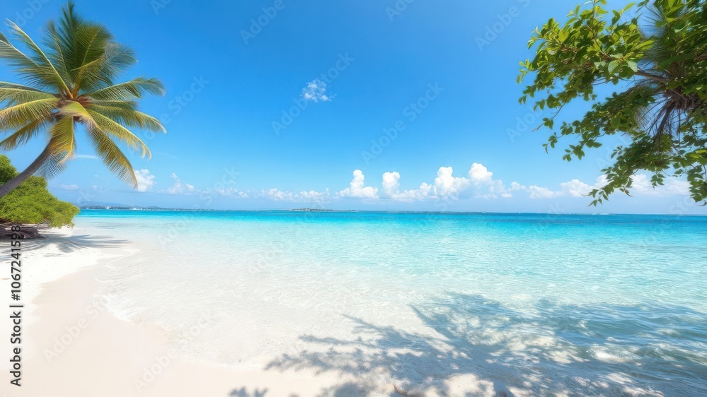 Sandy beach with crystal clear turquoise water under a vibrant blue sky, blue sky Sandy beach with crystal clear turquoise water under a vibrant blue sky, blue sky