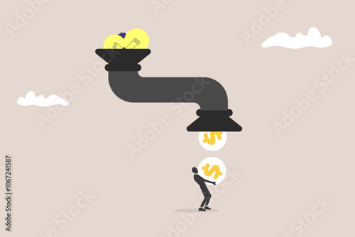 Businessman get money from revenue faucet flowing from lightbulb idea. concept of startup company start generate revenue or income, business idea to make money, gain profit or create sales