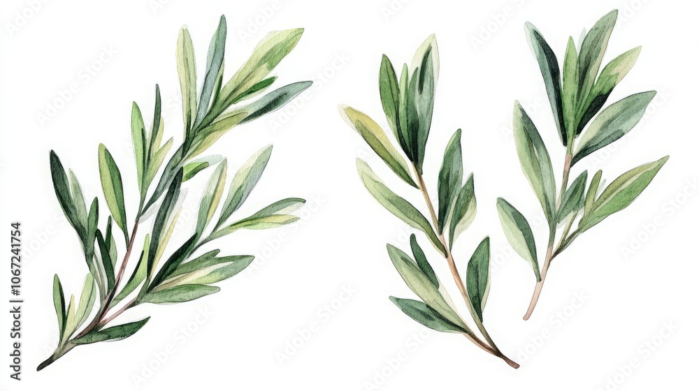 Fototapeta premium Watercolor illustration of green leaves and branches.