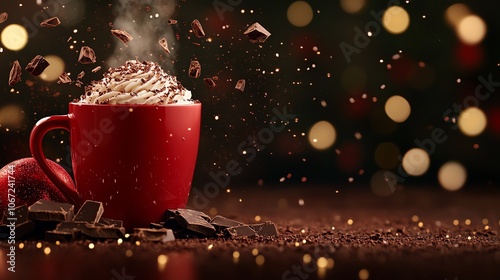 Peppermint mocha with whipped cream and chocolate shavings, cozy holiday drink, warm winter vibes photo