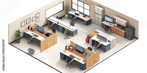 Stylized isometric office layout featuring desks, chairs, and collaborative spaces.