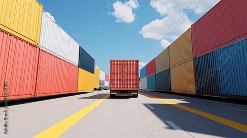 Trucks moving in organized port, multimodal setup