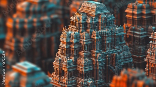 A detailed photograph of the magnificent Chola architecture in the Brihadeeswarar Temple, showcasing its towering vimana and intricate carvings photo