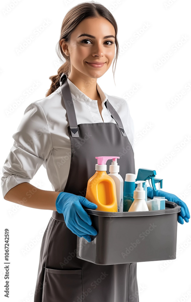 © Evodigger - Professional cleaning service worker holds bucket of supplies ,PNG,transparent background,clipart.