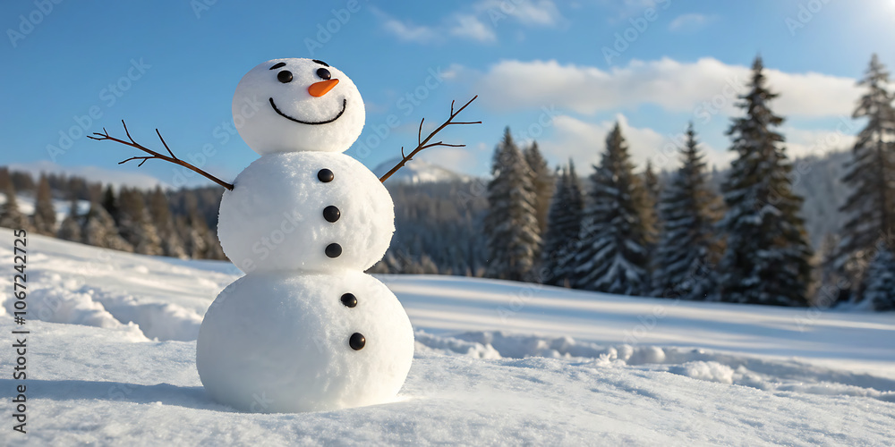 Smiling snowman in winter wonderland with hat and stick arms. Smiling snowman in winter wonderland with hat and stick arms.