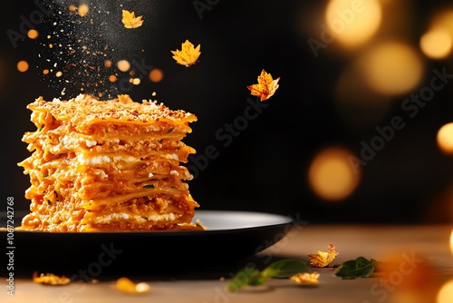 Pumpkin lasagna with layers of ricotta and mozzarella, golden baked, main course, ItalianAmerican comfort photo