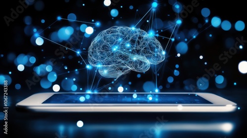 A smartphone displaying a digital brain with connected nodes, symbolizing artificial intelligence and technology innovation against a dark backdrop. photo