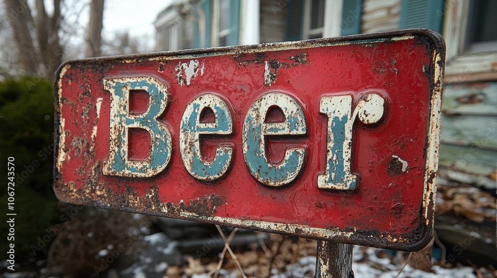 Fototapeta premium An old, weathered metal sign with the word Beer painted in large, bold letters against a red background, depicting a nostalgic, rustic charm in an outdoor setting