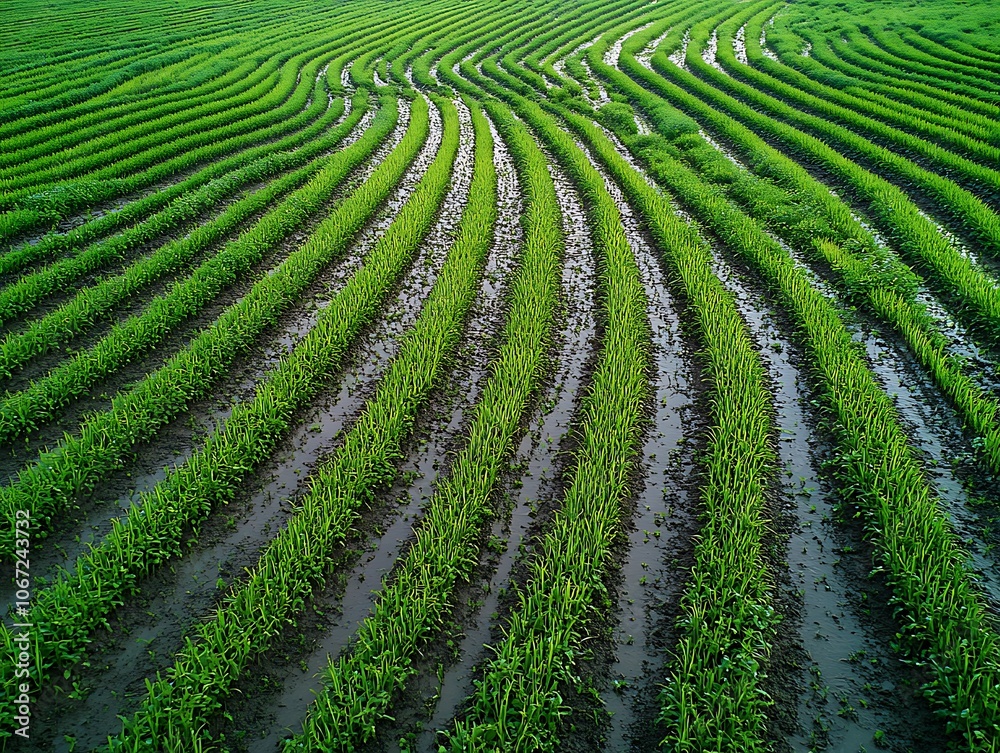 Green Rows of Crops in a Wet Field - Photo Green Rows of Crops in a Wet Field - Photo