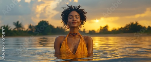 Woman with eyes closed in the water at sunset photo