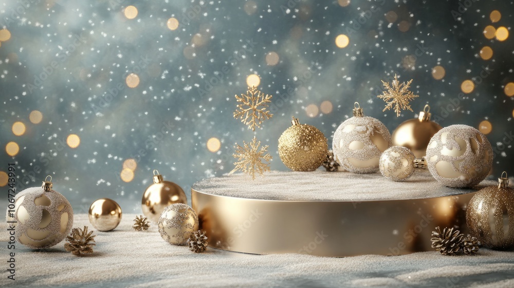 white empty golden podium with snowflake and balls. christmas stage