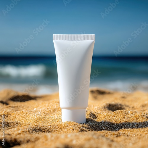 White Cosmetic Tube on Sandy Beach Background