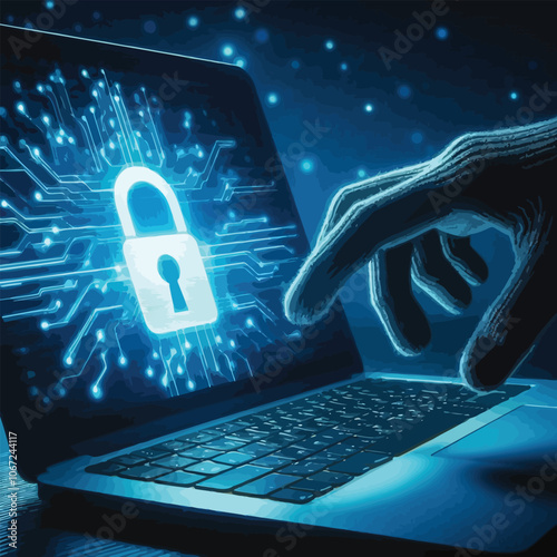 Hacker hand reaching toward a locked laptop screen