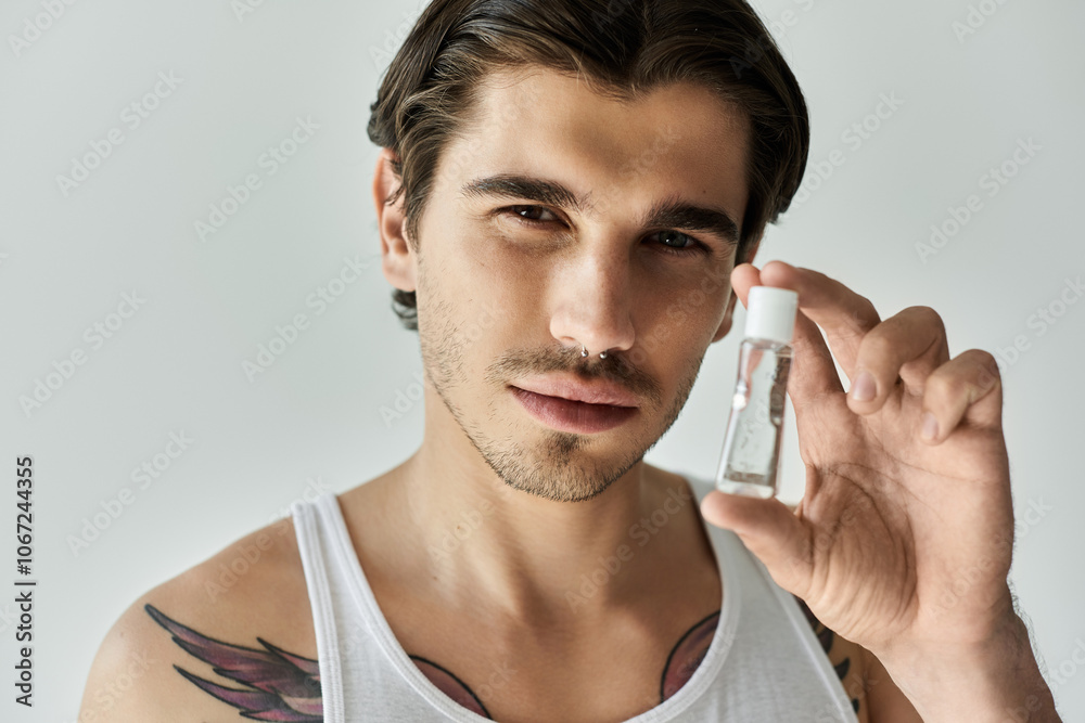 A young handsome man in a tank top confidently presents a small bottle, highlighting his tattoos and style. A young handsome man in a tank top confidently presents a small bottle, highlighting his tattoos and style.