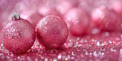A festive close-up image of two pink Christmas ornaments covered in delicate sparkling water droplets, set against a soft-focus background with a pink glittery surface